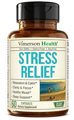 Stress Relief Supplement with 5HTP, Ashwagandha, Valerian, St Johns Wort, GABA, Chamomile B-Vitamins - Promotes Relaxation, Sleep, Calm Balanced Mood, Energy Focus. Vegan, Non-GMO, 60 Capsules