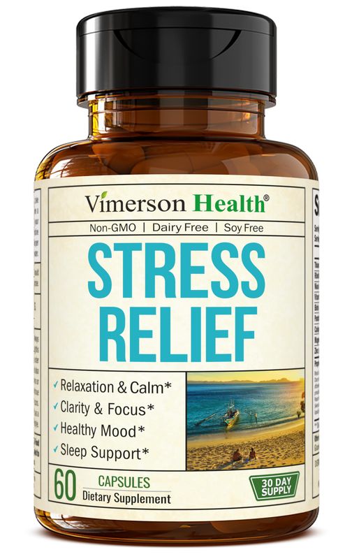 Stress Relief Supplement with 5HTP, Ashwagandha, Valerian, St Johns Wort, GABA, Chamomile B-Vitamins - Promotes Relaxation, Sleep, Calm Balanced Mood, Energy Focus. Vegan, Non-GMO, 60 Capsules