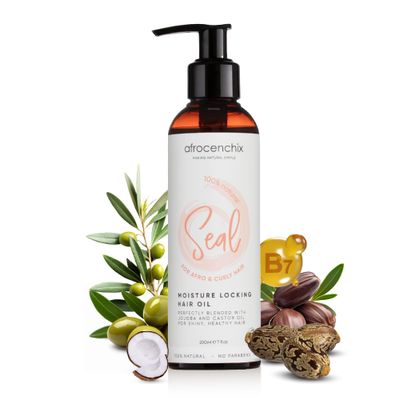 Afrocenchix Seal - Jojoba Oil for Afro and Curly Hair - Moisture Locking Pure and Natural Joba and Castor Oils for Shine, Growth, and Thicker Healthier Hair - Organic Vegan Formula - 200ml (7oz)