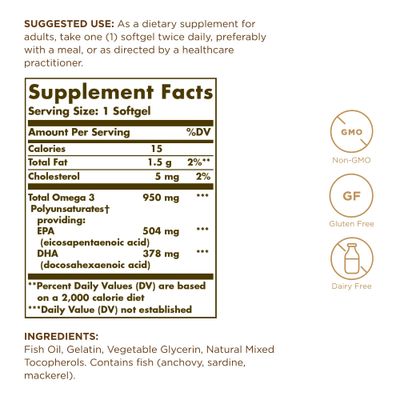 Solgar Triple Strength Omega 3 950 mg - 100 Softgels, Pack of 2 - Supports Joint Skin Health - Non-GMO, Gluten Free, Dairy Free - 200 Total Servings