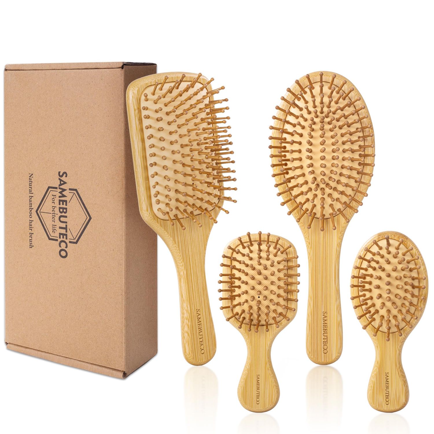 SAMEBUTECO Bamboo Hair Brush Set 4 Styles Paddle Detangling Brushes for Thick, Thin, Curly, and Dry Hair Women and Girls Hair Message Brushes 2 Indoor Used 2 Outdoor Used Travel portable