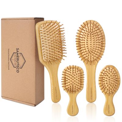 SAMEBUTECO Bamboo Hair Brush Set 4 Styles Paddle Detangling Brushes for Thick, Thin, Curly, and Dry Hair Women and Girls Hair Message Brushes 2 Indoor Used 2 Outdoor Used Travel portable