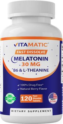 Vitamatic Melatonin 30 mg - with B6 L-Theanine - 120 Fast Dissolve Tablets with Natural Berry Flavor (2 Tablets Dose Melatonin 60 mg) (120 Count (Pack of 1))