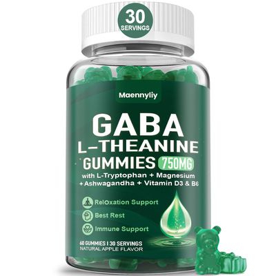 GABA L-Theanine Supplement Gummies for Adults - Extra Strength GABA 750 mg with L-Tryptophan, Ashwagandha, Magnesium, Vitamins D3 B6 - Non-Habit Forming, Vegan- for Zzz Better, Relaxati0n M00d
