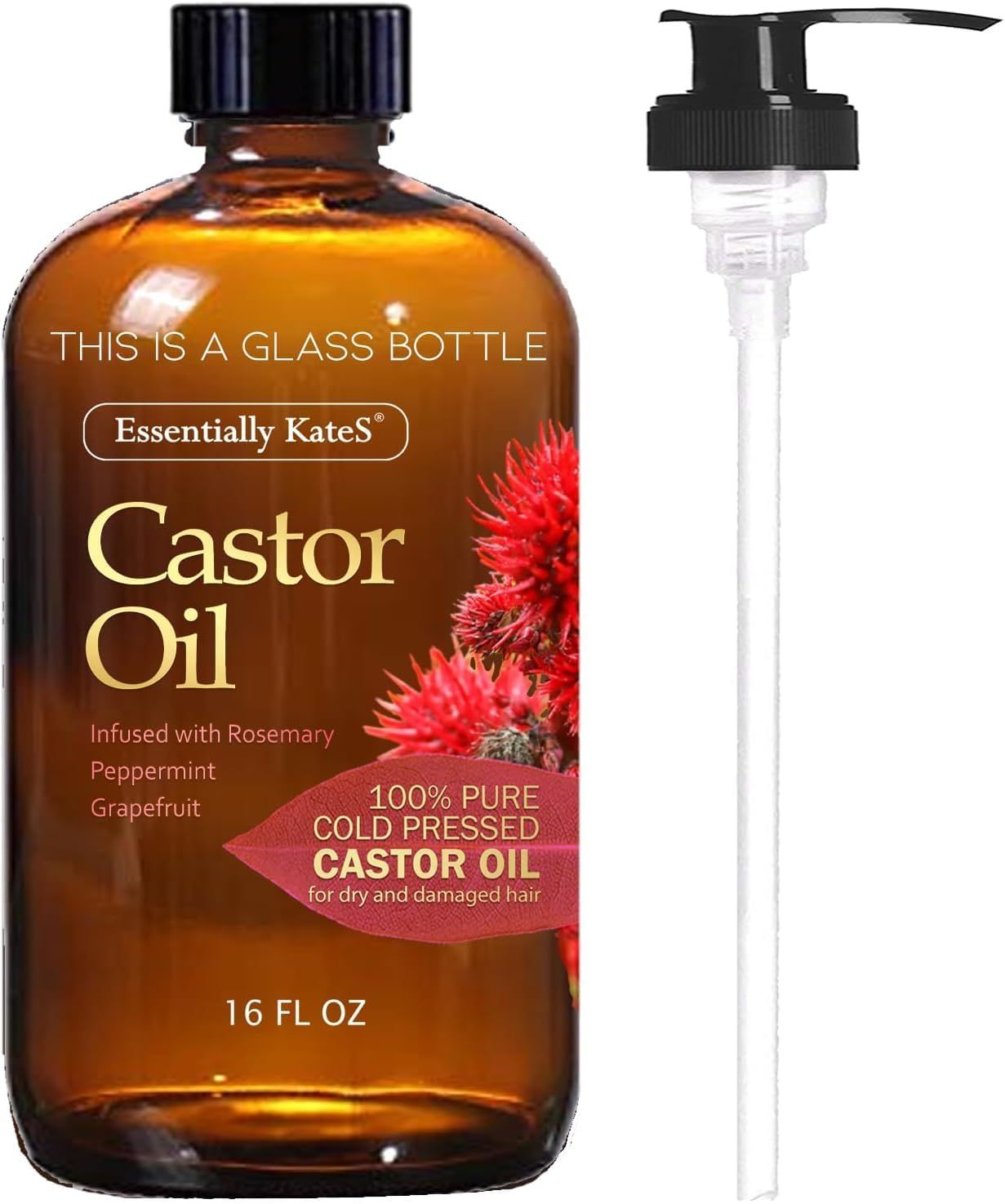 Castor Oil 16 Fl Oz (Glass Bottle) - Rosemary Peppermint Grapefruit Infusion - A Huge Glass Bottle with a Pump - 100 Pure and Natural, Cold Pressed, and Hexane-Free - Hair Oil, Body Oil