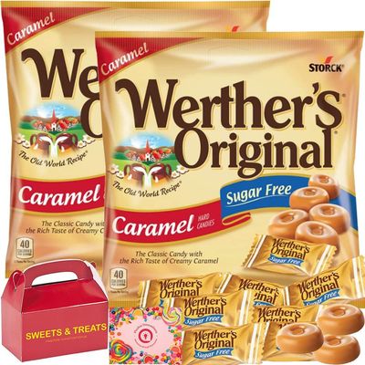 Werther&#39;s Original Sugar-Free Caramel Hard Candy Individually Wrapped Creamy Soft Smooth Treat Box Included (Caramel Creamy Rich Taste - 2 Bags)
