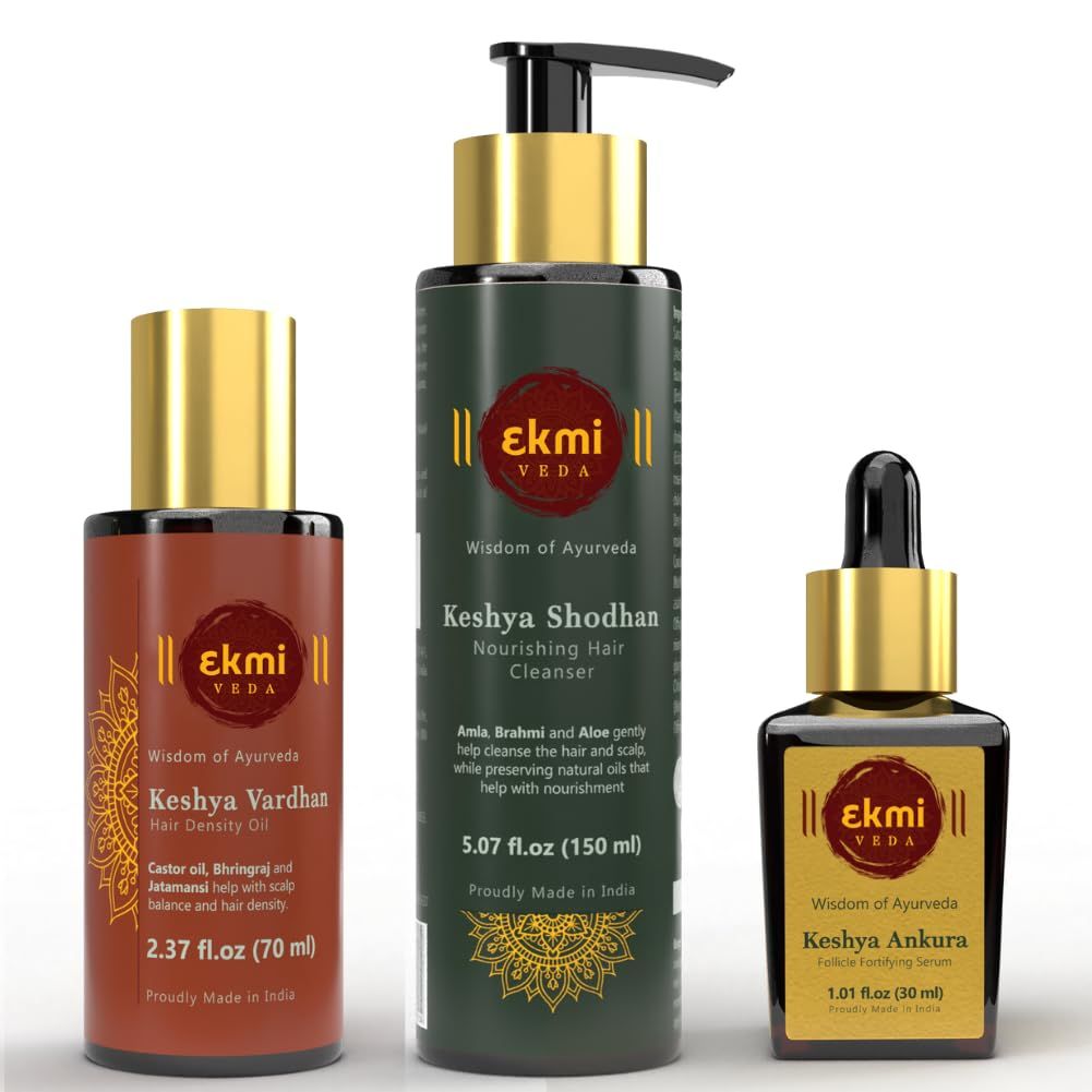 EKMIVEDA Hair Growth Set With Ayurvedic Herbs- Amla, Bhringraj, Castor Oil, Rosemary Oil For Hair Growth. Sulfate Free Hair Thickening Product,3 Pcs - Oil, Shampoo Serum, 8.45 Fl Oz