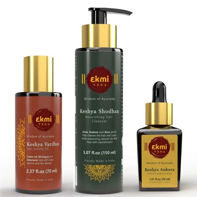 EKMIVEDA Hair Growth Set With Ayurvedic Herbs- Amla, Bhringraj, Castor Oil, Rosemary Oil For Hair Growth. Sulfate Free Hair Thickening Product,3 Pcs - Oil, Shampoo Serum, 8.45 Fl Oz