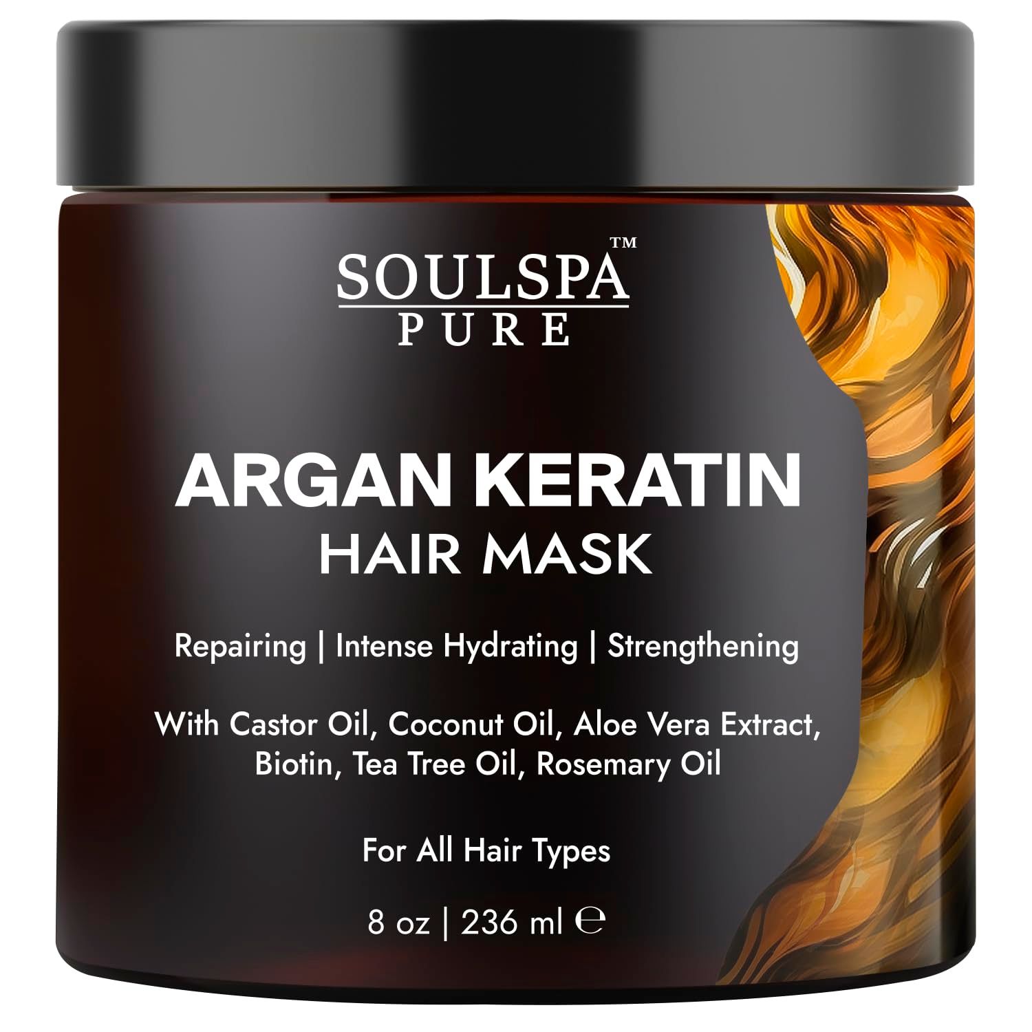 SOULSPA PURE Argan Oil Hair Mask with Keratin - Strengthen, Hydrate, and Repair Dry, Damaged Hair - Enriched with Biotin, Tea Tree Oil Rosemary Oil - All Hair Types - for Men and Women- 8.45 fl oz