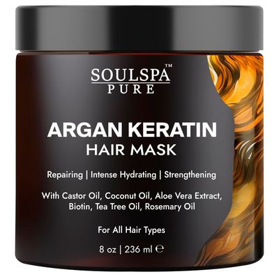 SOULSPA PURE Argan Oil Hair Mask with Keratin - Strengthen, Hydrate, and Repair Dry, Damaged Hair - Enriched with Biotin, Tea Tree Oil Rosemary Oil - All Hair Types - for Men and Women- 8.45 fl oz