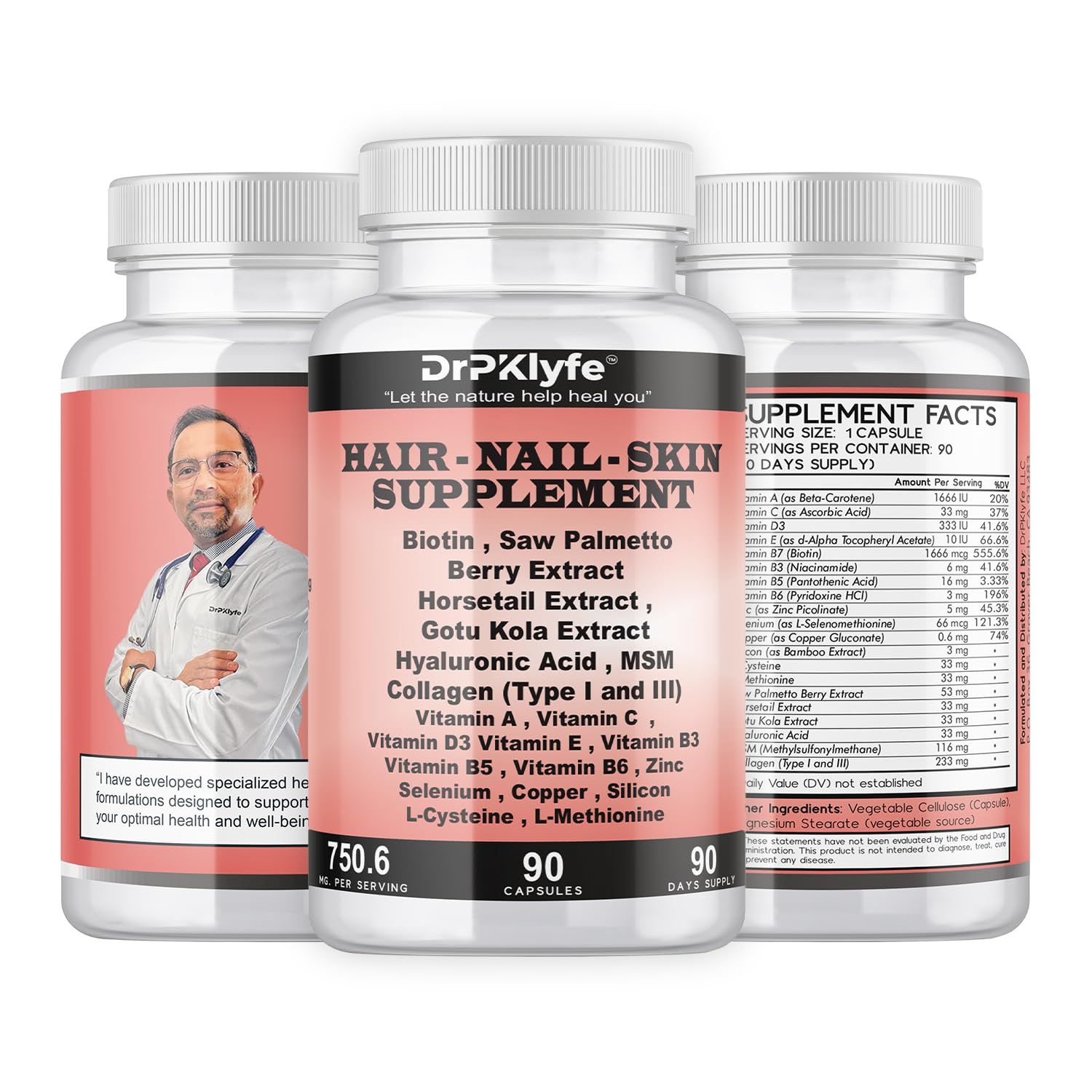 DrPKLyfe Hair, Nail and Skin Supplement Capsules:Biotin, Collagen, Collagen Peptides, Acid Hyaluronic, Biotin, Vitamin A, C, B5, B6 Saw Palmetto More - 90 Capsules.