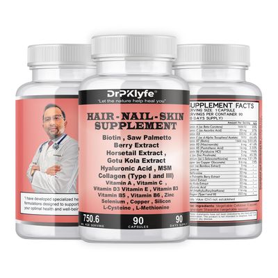 DrPKLyfe Hair, Nail and Skin Supplement Capsules:Biotin, Collagen, Collagen Peptides, Acid Hyaluronic, Biotin, Vitamin A, C, B5, B6 Saw Palmetto More - 90 Capsules.