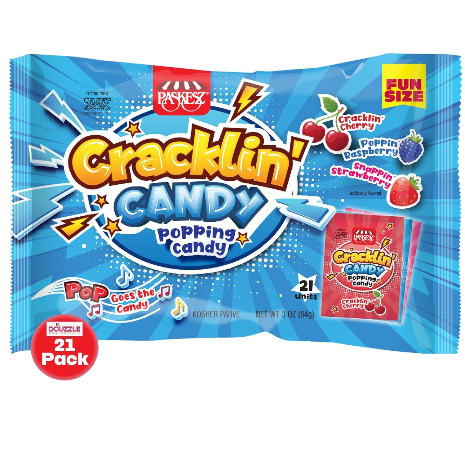 DOUzzle Cracklin Popping Candy (21 Coount, Pack of 1) Individually Wrapped Candies, Birthday Party Favors, Goodie Bags Stuffers, Pinata Filler - Kosher Parve