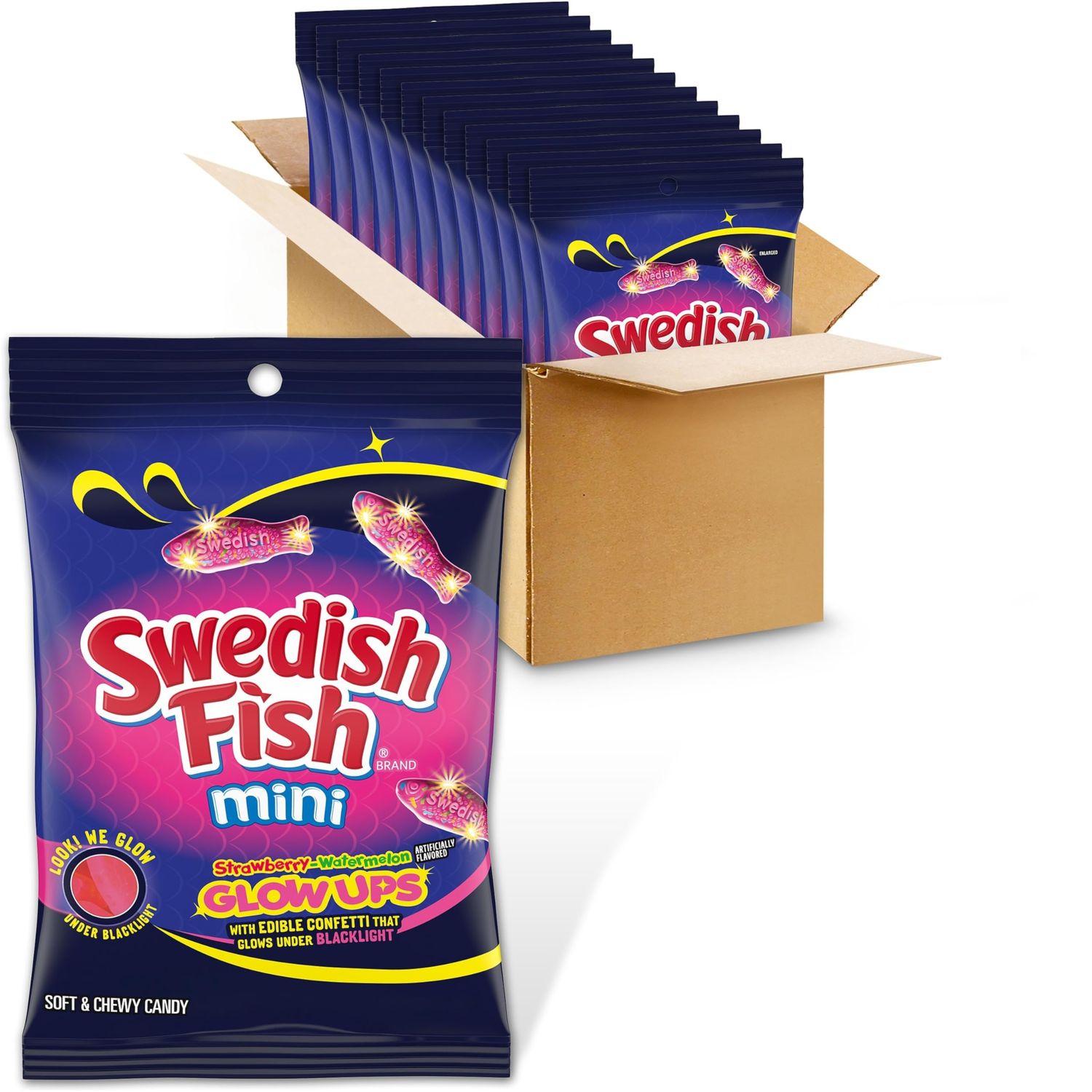 SWEDISH FISH Mini Glow Ups Strawberry-Watermelon Soft Chewy Candy, 12-6.7 oz Bags
