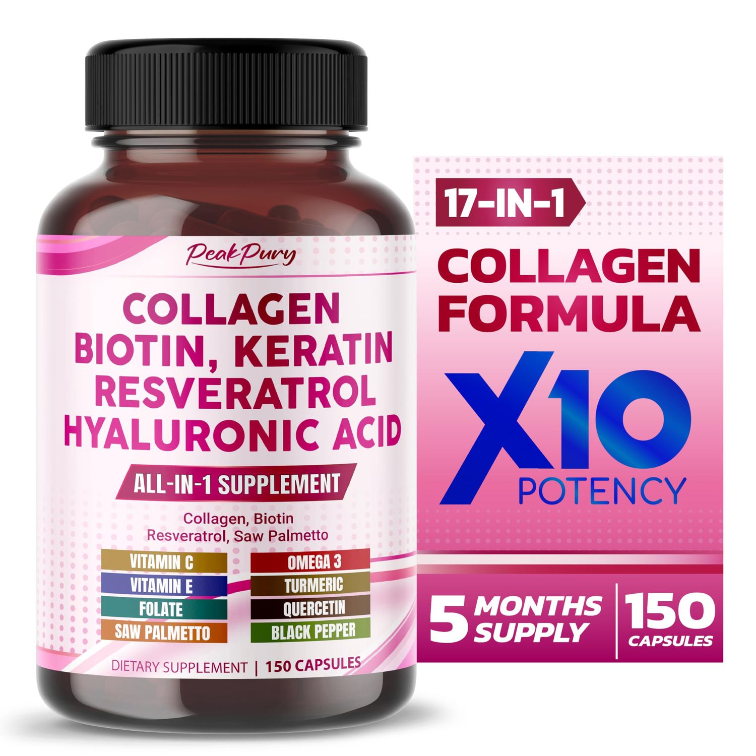 PEAKPURY Collagen Biotin Resveratrol Saw Palmetto - Skin, Joint Health Support - Made in USA