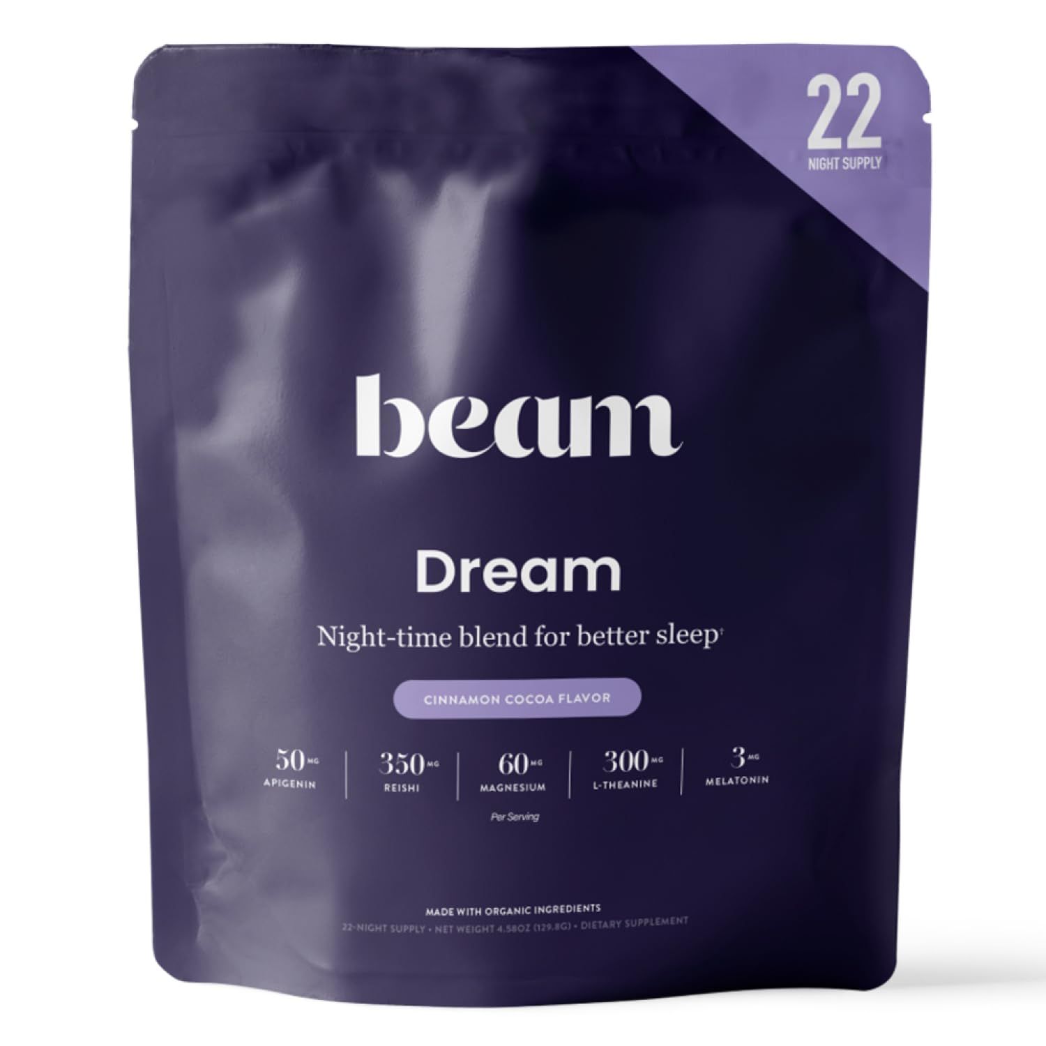 Beam Dream Sleep Powder, Natural Sleep Aid and Magnesium Hot Cocoa Drink for Adults, Calming Sleep Supplement with Apigenin, Nighttime Sleep Drink Powder, Third Party Tested Supplement, 22 Servings