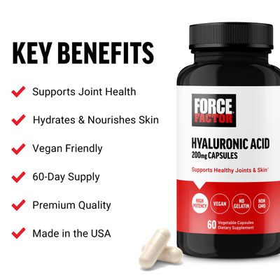 FORCE FACTOR Hyaluronic Acid Supplements, Hyaluronic Acid Capsules for Joint Health and Skin Hydration, Joint Health Supplement for Women and Men, High Potency, Vegan, 60 Capsules