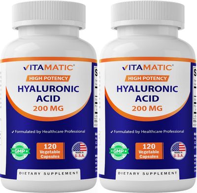 Vitamatic 2 Pack Hyaluronic Acid Supplements 200mg - Supports Healthy Connective Tissue and Joints - Promote Youthful Healthy Skin - Total 240 Capsules