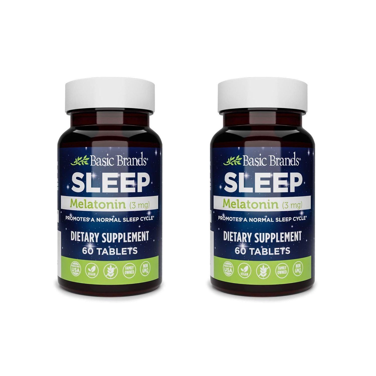 Basic Brands Sleep Melatonin, 3mg, Natural Sleep Support (Pack of 2)