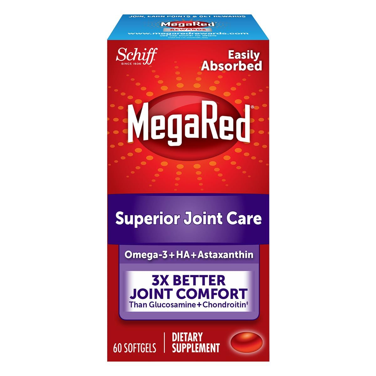 MegaRed 353mg Omega-3 Krill Oil Joint Care Supplement with EPADHA Fatty Acids, Antioxidants, Hyaluronic Acid, No Fishy Burp Aftertaste as with Fish Oil, 60 Count Softgels