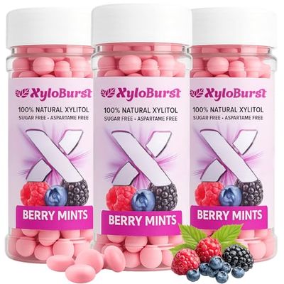 XyloBurst - Xylitol Mints Sugar Free Breath Mints for Oral Health Gluten Free, Vegan, Keto Friendly Aspartame Free Mint Berry 200 Count Jar, 3-Pack