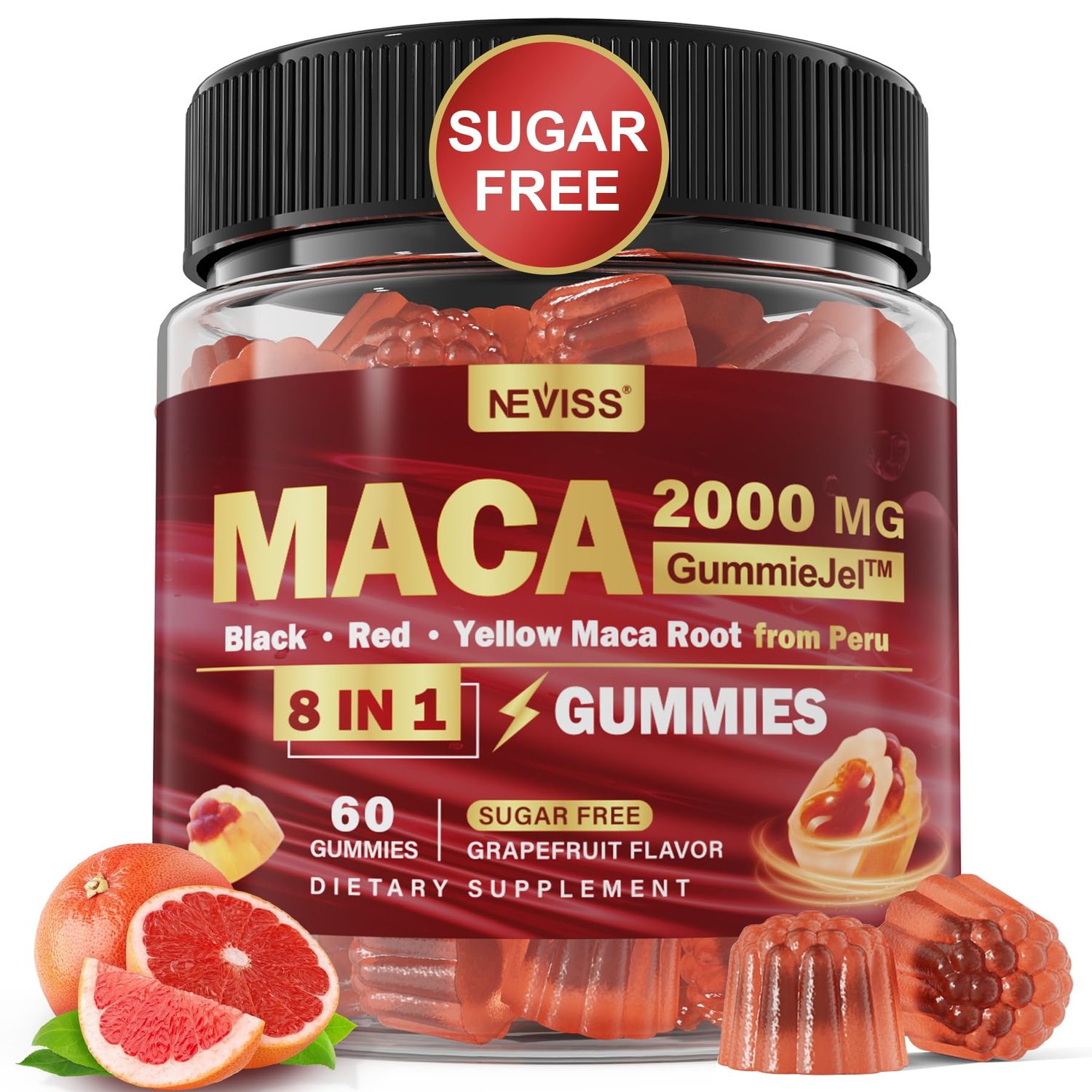 Sugar Free Maca Root Filled Gummies for Women Men Organic Black, Red, Yellow Maca 2000mg Per Serving with Ashwagandha Vegan, Non-GMO Gluten Free Supplement Grapefruit Flavor, 60 Count