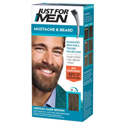 Just For Men Mustache Beard, Beard Coloring for Gray Hair with Brush, With Keratin Biotin Aloe and Coconut Oil for Healthy Facial Hair - Medium-Dark Brown, M-40, Pack of 1 (Packaging May Vary)