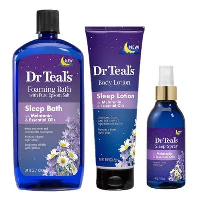 Dr Teals Melatonin Sleep Bath Gift Set (Foaming Bath (34 oz), Body Lotion (8 oz), Sleep Spray (6oz) - Stress Relief Lavender Melatonin Promotes Better Sleep - At Home Spa Kit - Relax Before Bed