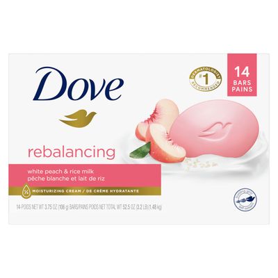 Dove Beauty Bar Soap Rebalancing White Peach Rice Milk, 14 Count for a Nourished and Moisturized Skin, with Moisturizing Cream Plant-Based Formula, 3.75 oz