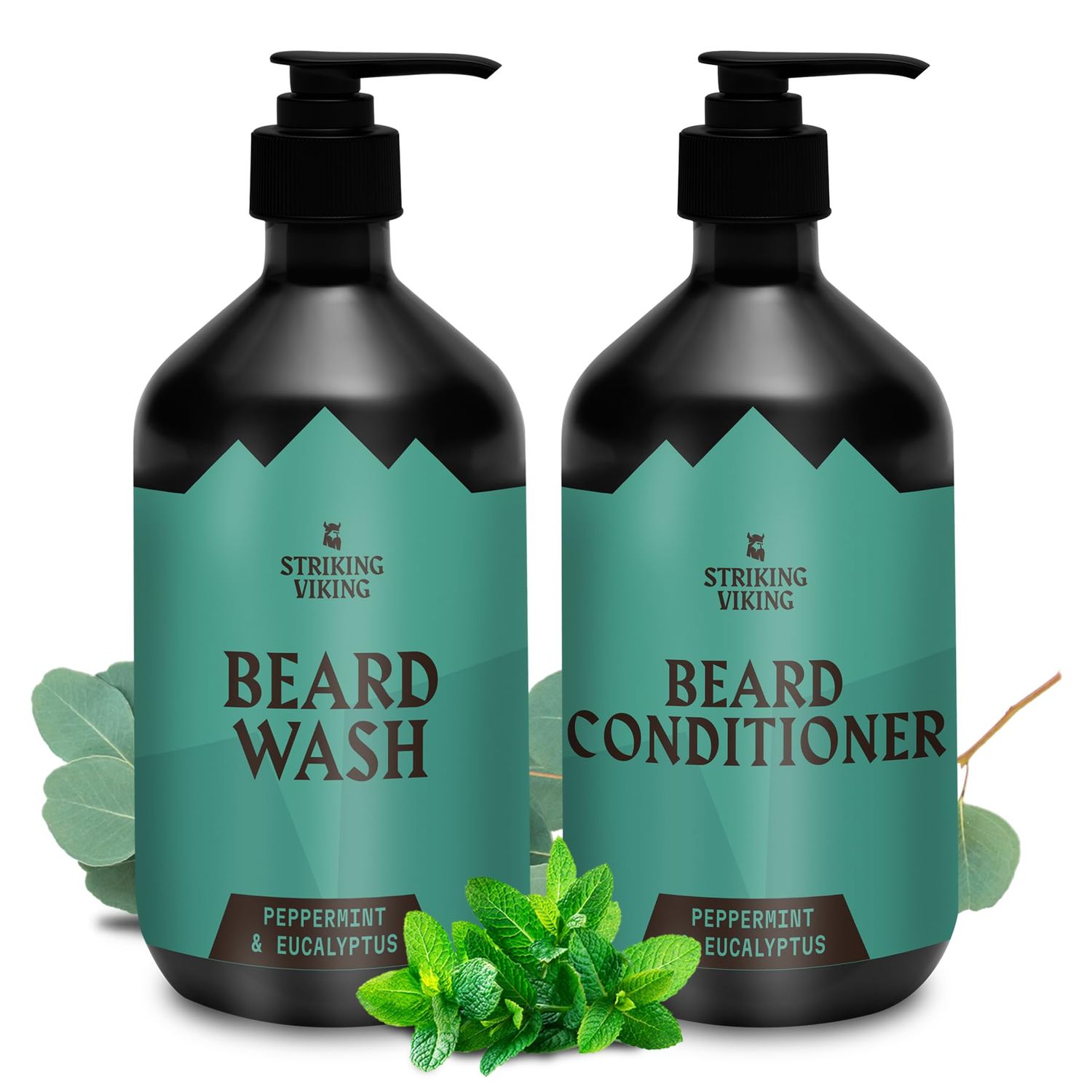 Striking Viking Beard Wash and Conditioner - 10 Fl Oz per Bottle, Peppermint Eucalyptus - Paraben Sulfate Free, with Jojoba Oil - Deep Clean Beard Shampoo Conditioner - All Facial Hair Types