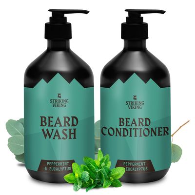 Striking Viking Beard Wash and Conditioner - 10 Fl Oz per Bottle, Peppermint Eucalyptus - Paraben Sulfate Free, with Jojoba Oil - Deep Clean Beard Shampoo Conditioner - All Facial Hair Types