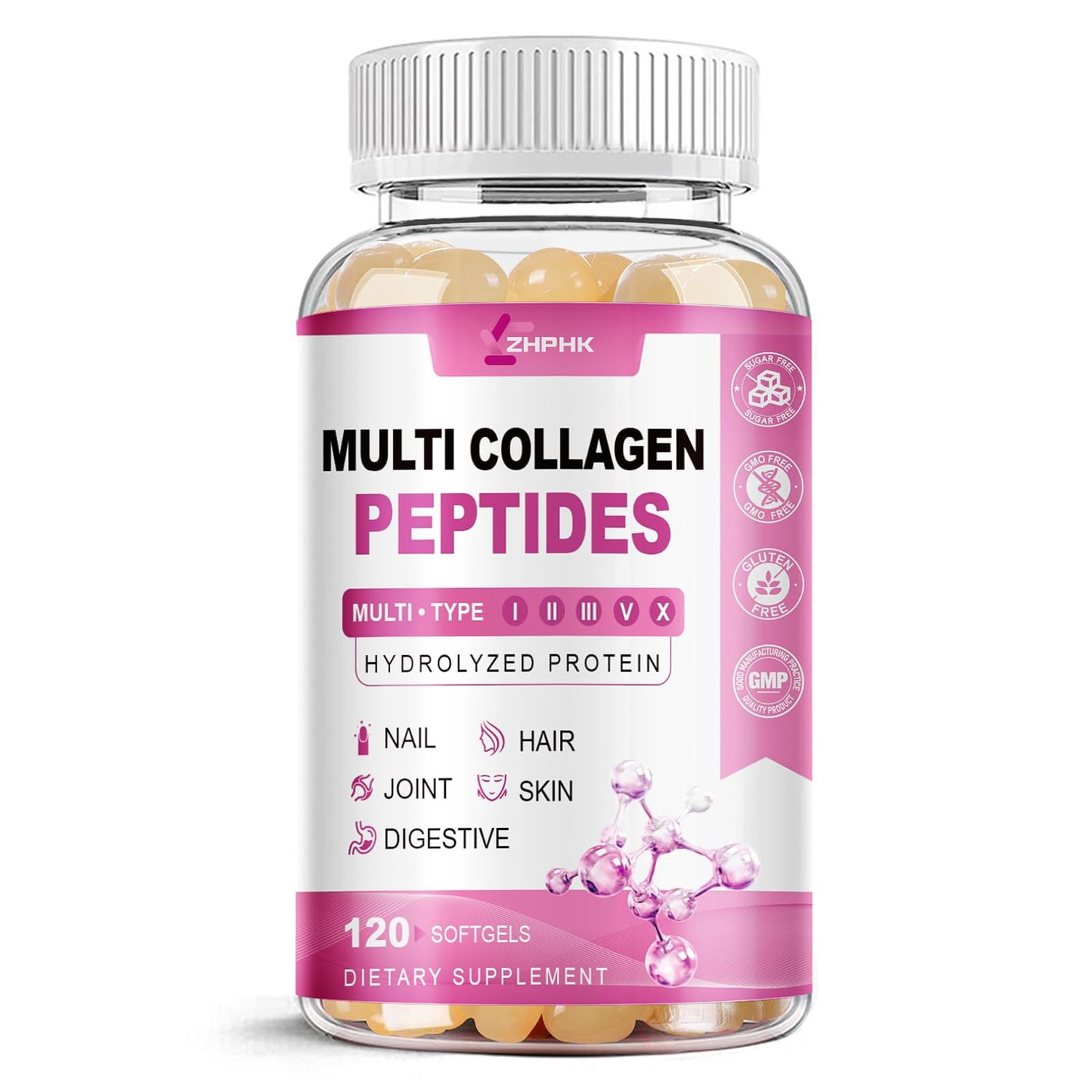ZHPHK Hydrolyzed Collagen Peptides Pills Mutil Collagen Peptides Colageno Hidrolizado for Women Type I II III V X with Hyaluronic Acid Biotin Vitamin C - Support Skin Hair Nail 120 Count
