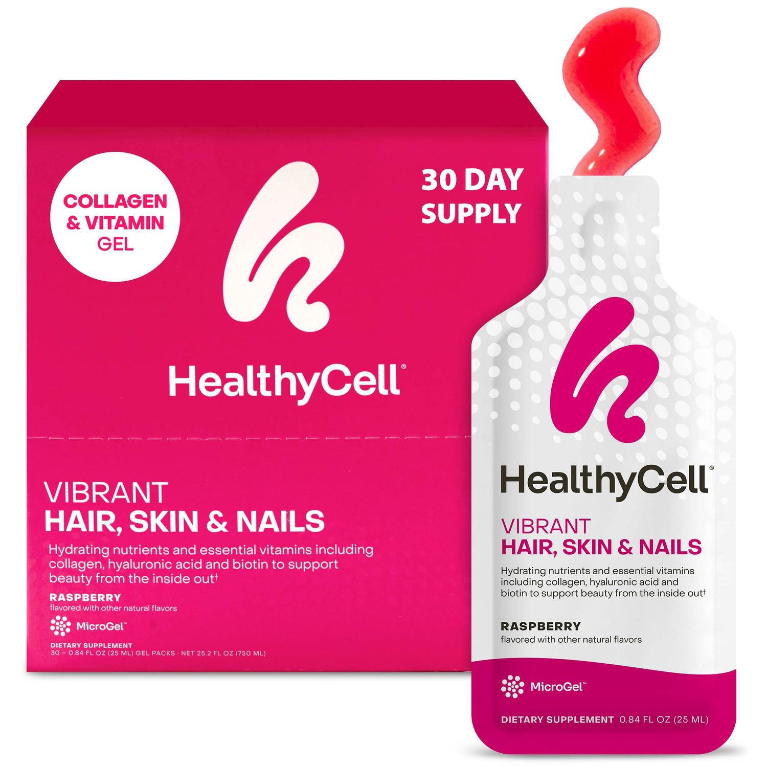 Healthycell Vibrant Hair Skin Nails Daily Liquid Supplement - Beauty Supplements with Hydrating Nutrients Essential Vitamins - Collagen, Biotin Hyaluronic Acid - 30 Gel Packs