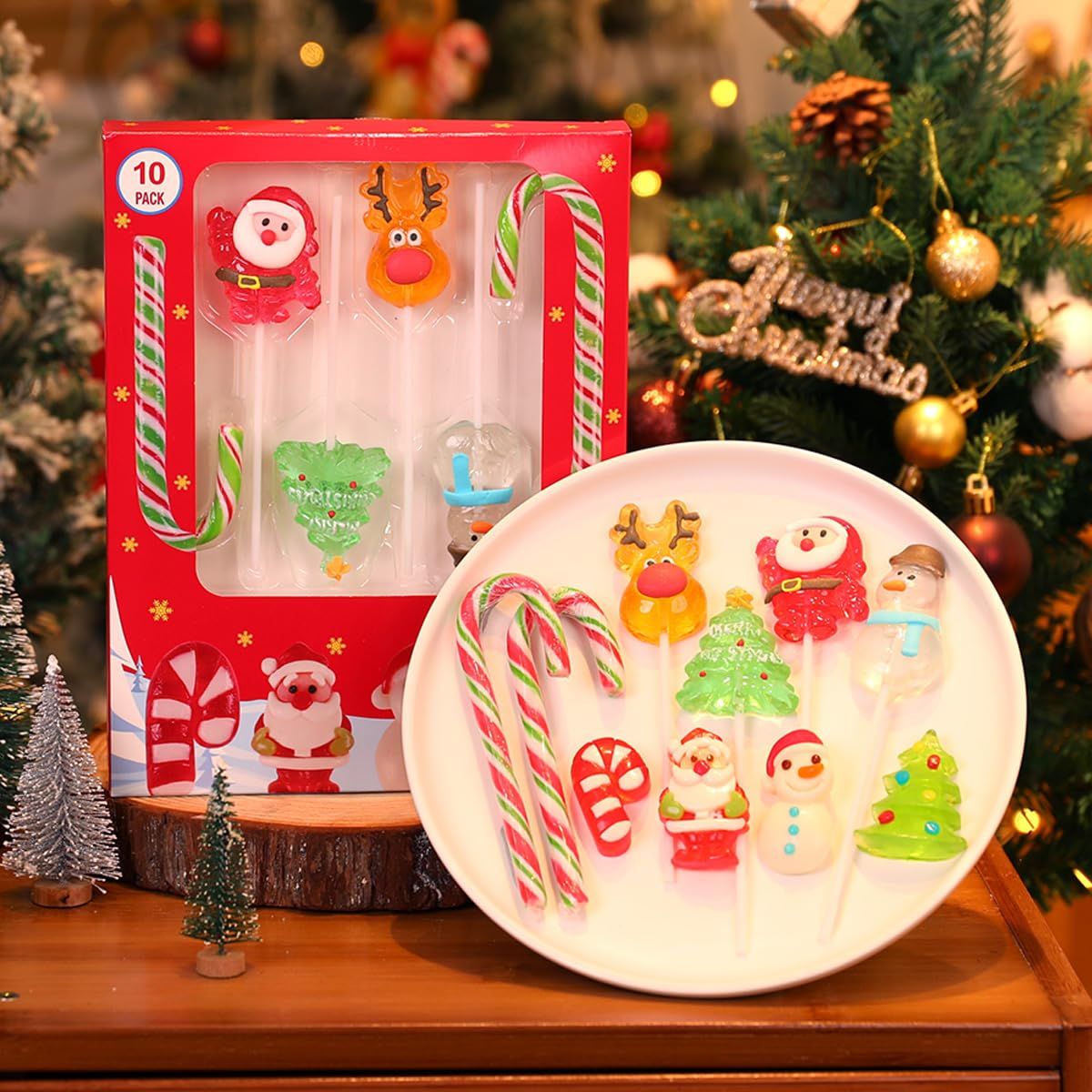 KFFDMM 10pack Christmas mixed hard candy Santa claus Reindeer Snowman Tree Individually Wrapped bulk kids Lollipops for holiday fruit flavor sweets Swirl