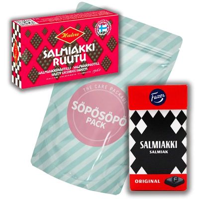 Fazer Finnish Salmiakki 40g and Halva Salmiakki Ruutu 34g set SPSP Pack Variety 2 Pack Care Package Treats Gift Basket Boxes Pack for Adults, Kids