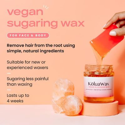 KoluaWax Vegan Sugar Wax Kit For Women Men - Waxing for All Skin Hair Types Underarm, Bikini, Brazilian, Face Leg - 12oz w 20 Reusable Cloth Strips Spatula - Hair Removal for Smooth Skin