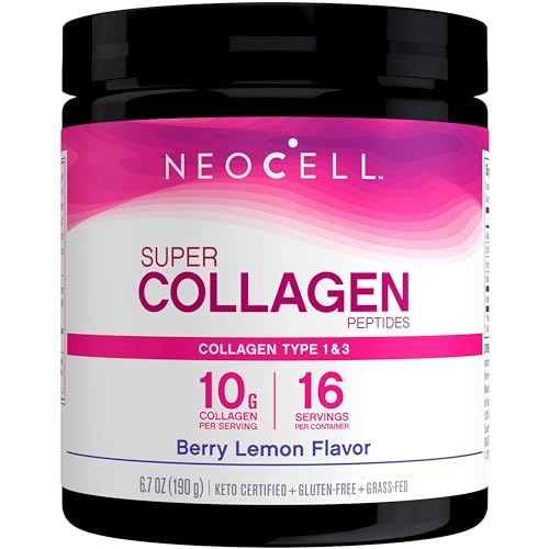 NeoCell Super Collagen Peptides, 10g Collagen Peptides per Serving, Gluten Free, Keto Friendly, Non-GMO, Grass Fed, Healthy Hair, Skin, Nails and Joints, Berry Lemon Powder, 6.7 oz., 1 Canister