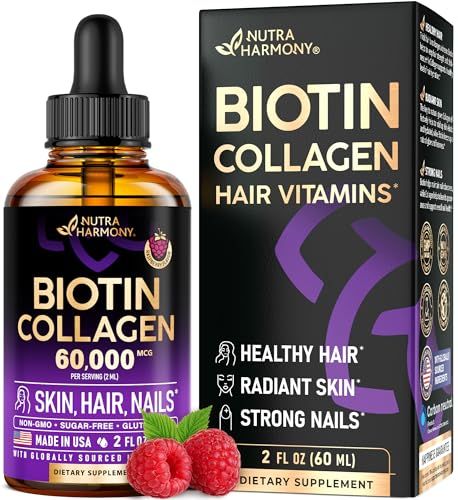 Liquid Biotin Collagen - Vitamins for Hair Growth Support for Women Men - Extra Strength 60000 mcg Drops - B7 Supplement - Strong Nails Healthy Skin - 98 Faster Absorption Than Pills
