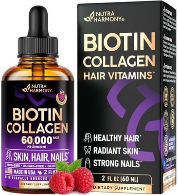 Liquid Biotin Collagen - Vitamins for Hair Growth Support for Women Men - Extra Strength 60000 mcg Drops - B7 Supplement - Strong Nails Healthy Skin - 98 Faster Absorption Than Pills
