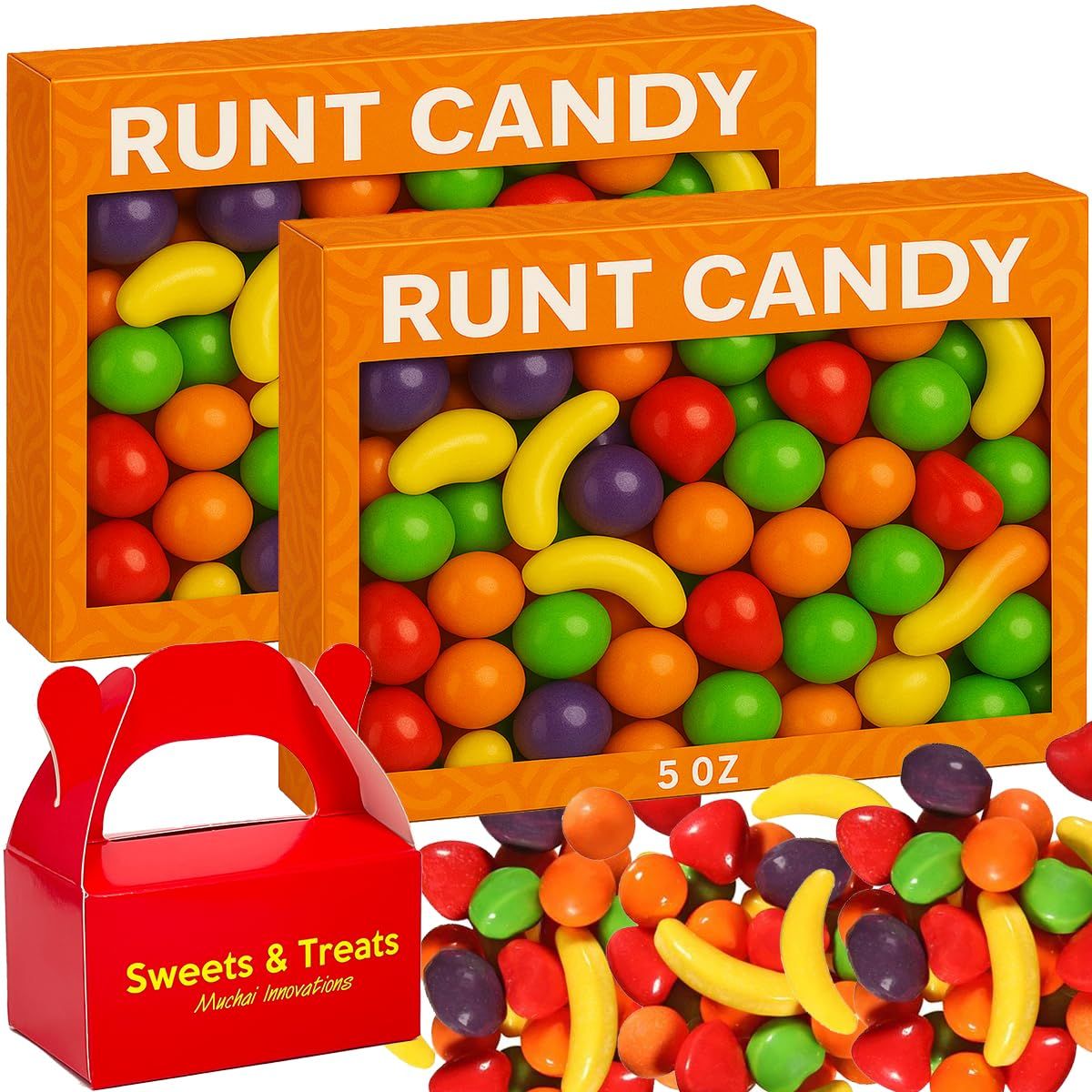 Runt Candy Chewy Fruity Assorted Shapes Flavors Hard Candy - For Every Occasion Movie Night Birthday Holiday Gift Plus MUCHAI Treat Box (2 Theater Box, Orange Banana Strawberry Grape Green Apple)