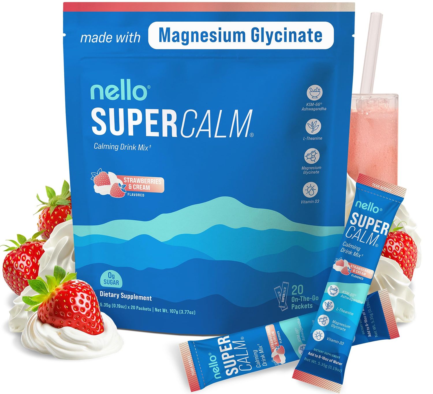 Supercalm Drink Mix - Ashwagandha KSM 66, Magnesium Glycinate L-Theanine Supplement, Vitamin D3 - Ashwagandha Root Extract - Focus and Relaxation Support (20 Travel Packets) - Strawberries Cream