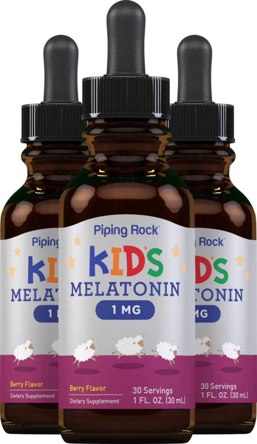 Piping Rock Kids Melatonin Liquid 1 fl oz 1mg Pack of 3 Bottles Berry Flavor Drops Non-GMO, Gluten Free Supplement