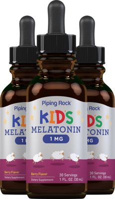 Piping Rock Kids Melatonin Liquid 1 fl oz 1mg Pack of 3 Bottles Berry Flavor Drops Non-GMO, Gluten Free Supplement