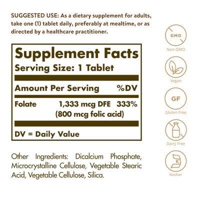 Solgar Folate 1,333 mcg DFE, 100 Tablets - 800 mcg Bio-Active Metafolin - Heart Health - Non-GMO, Vegan, Gluten Free, Dairy Free, Kosher - 100 Servings