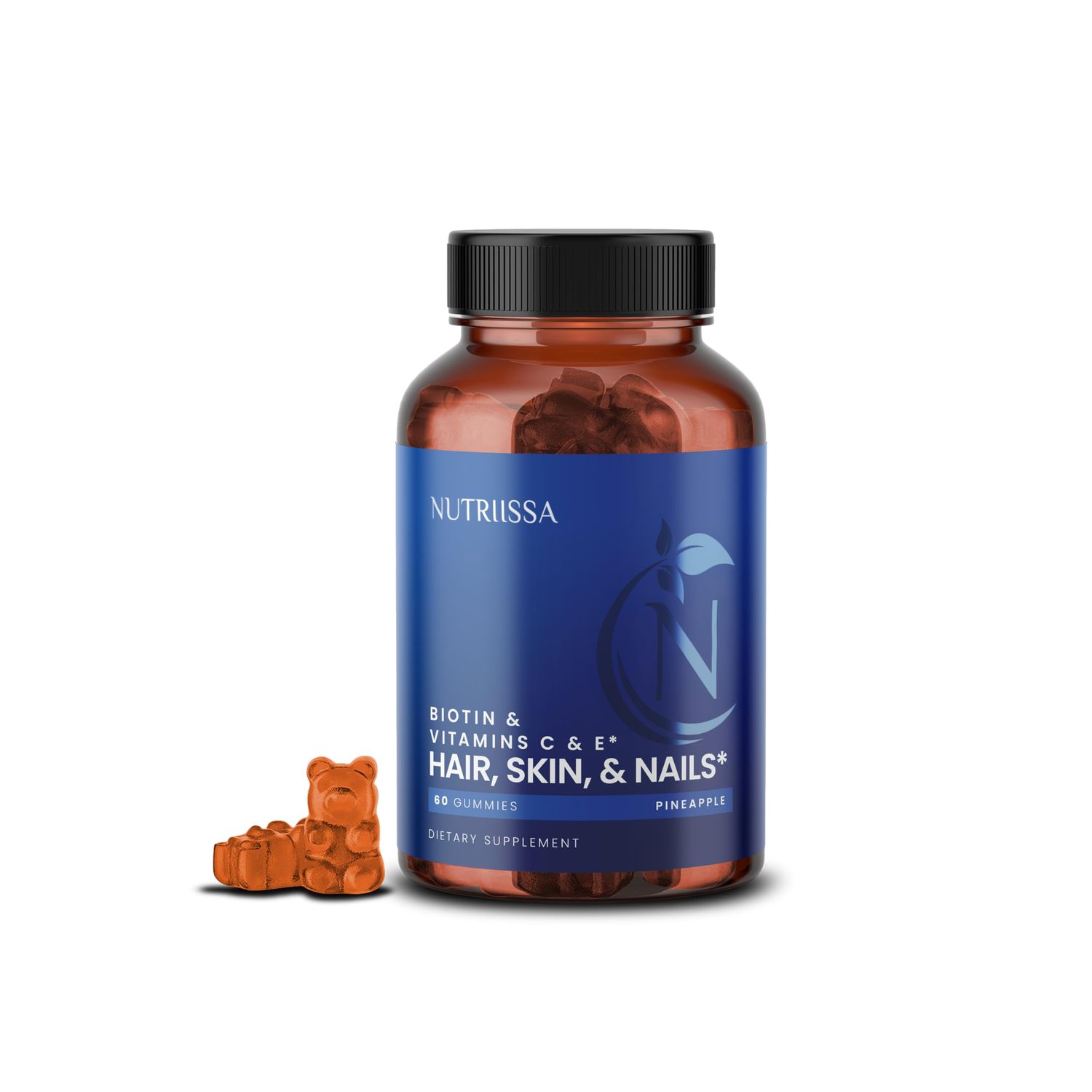 Nutriissa Hair, Skin Nails Gummies - Support for Hair, Skin Nail Health - EPEB Certified for Purity Potency - 60 Pineapple Flavored Vegan Gummies
