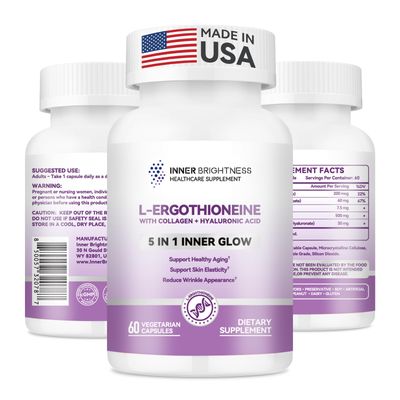 Inner Brightness L-Ergothioneine Supplements with Hyaluronic Acid Collagen for Women, Non-GMO, Gluten Free, Vegan, Promotes Longevity Healthy Aging, 60 Capsules