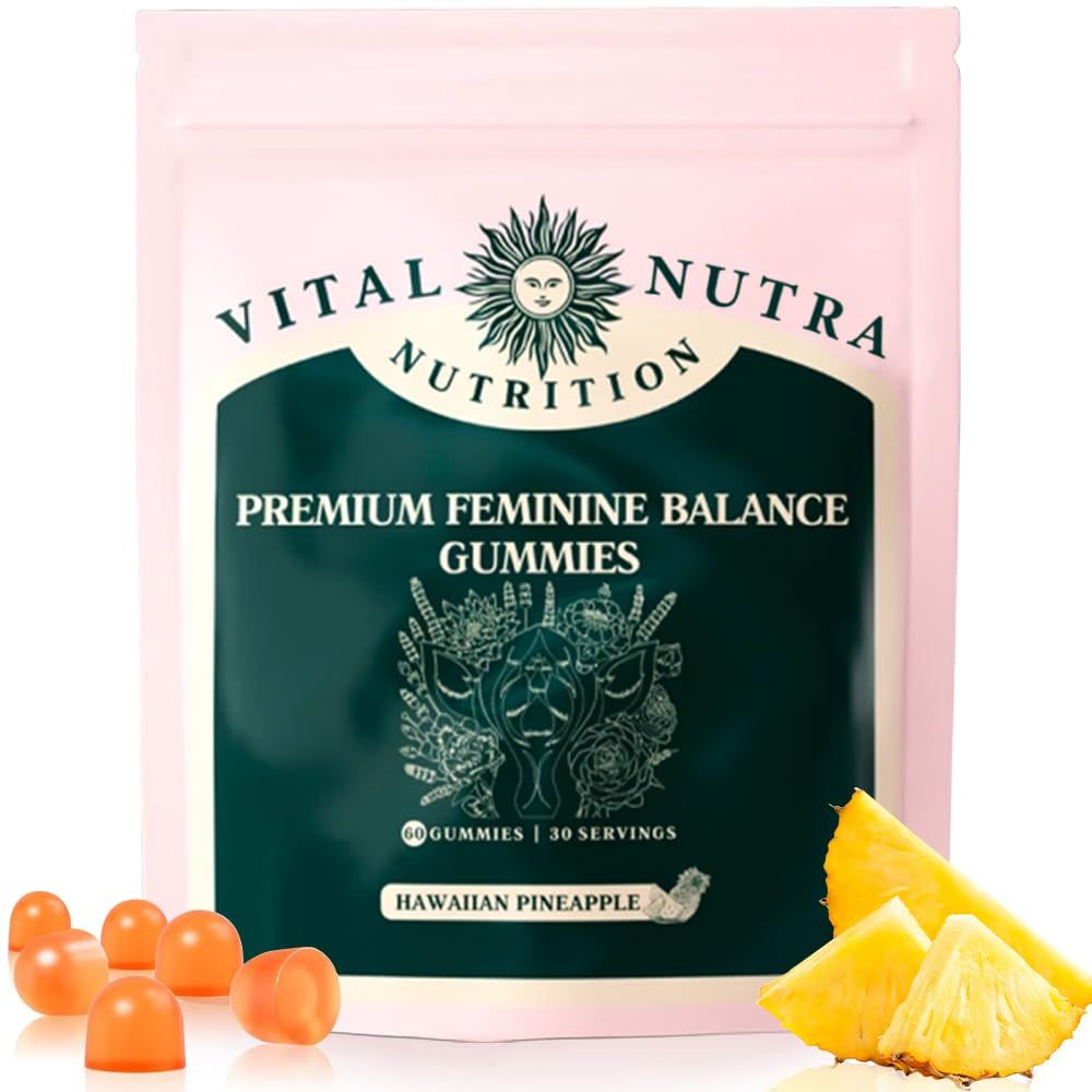 Premium Feminine Balance Gummies for Womens Health Wrinkle Anti-Aging Devices pH Balance Immune Support, Gluten-Free, Low Sugar Formula with Hawaiian Pineapple Flavor (60 Count)