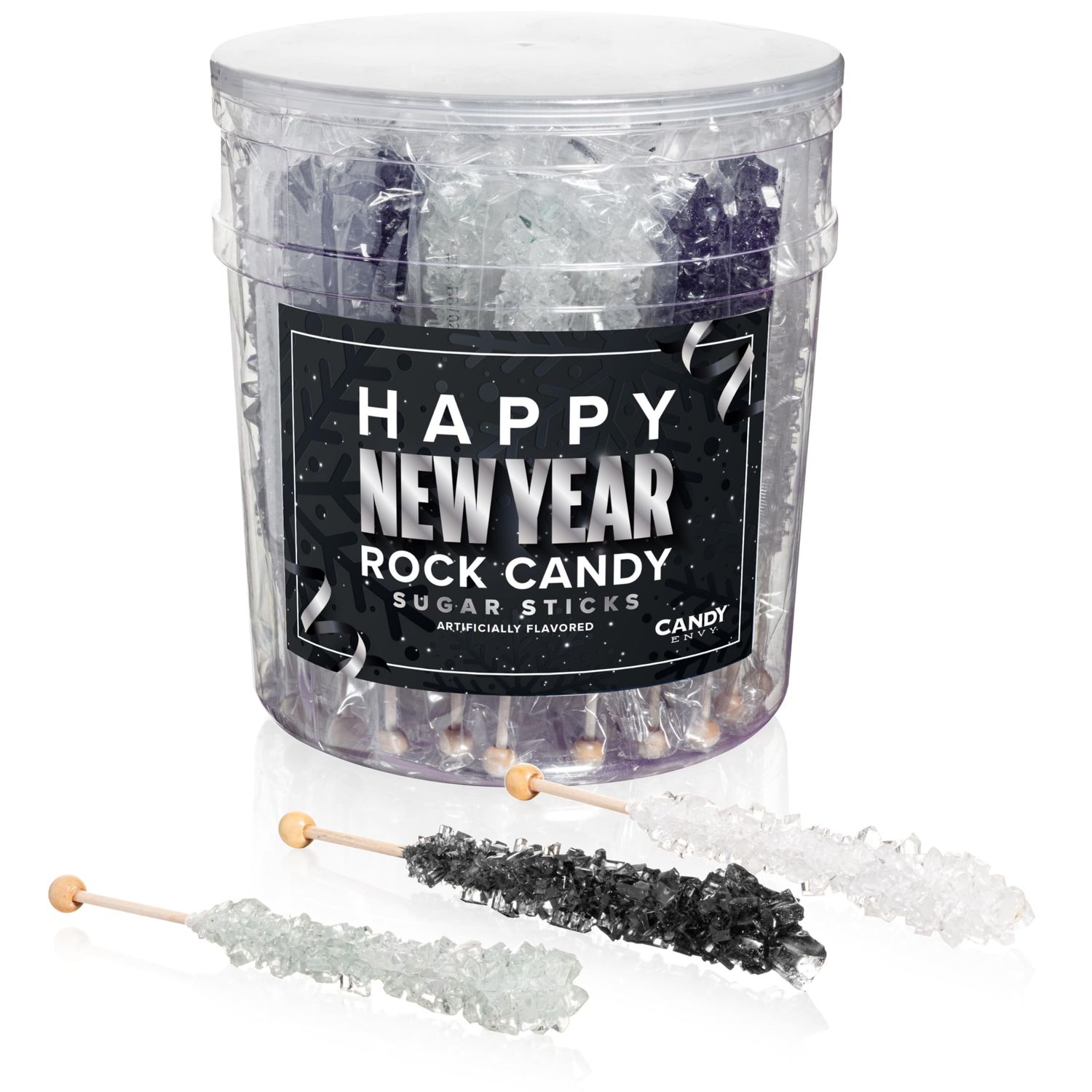 Candy Envy - Happy New Year Rock Candy Sugar Sticks - 36 Indiv. Wrapped - Silver, Black, White