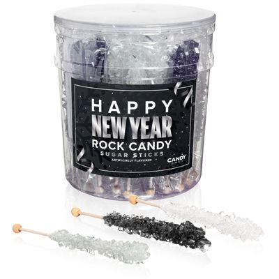 Candy Envy - Happy New Year Rock Candy Sugar Sticks - 36 Indiv. Wrapped - Silver, Black, White