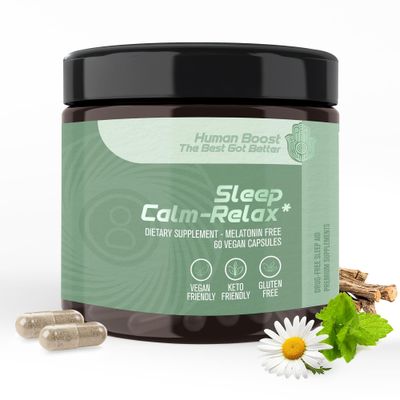 Human Boost Sleep Calm Relax - Premium Sleep Supplement with Ashwagandha KSM-66, Vitamin B5, L Theanine, Lemon Balm - Promotes Deep Sleep, Mood Balance, Recovery, Relaxation - 60 Vegan Capsules